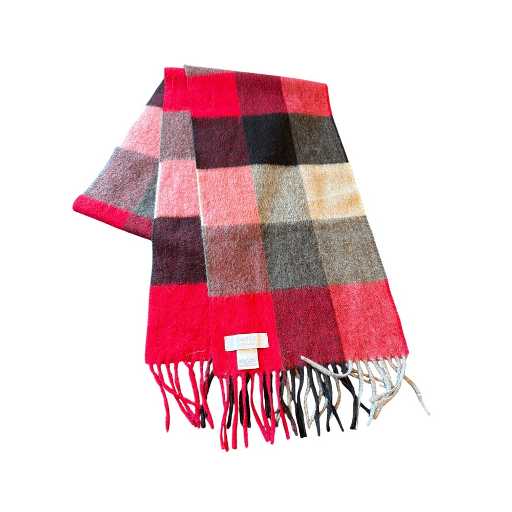Marshall Field's Scarf Red Cashmere Buffalo Plaid Fringe Made in Germany Luxury